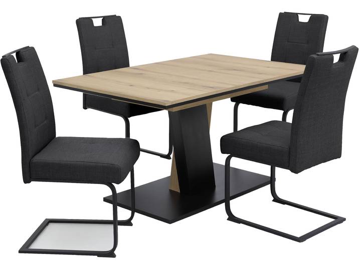 Essgruppe HELA BEKE , grau (evoke eiche, schwarz, anthrazit, anthrazit, schwarz), Microfaser Webstoff, Synchron-Auszug, Evoke Eiche/Anthrazit, 100% Polyester, Sitzmöbel-Sets, Essgruppe, Mit Synchronauszug, Freischwinger XL Sitzbreite, Federkorb, Griff