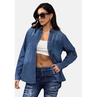 Jeansbluse CIPO & BAXX "Jeansbluse", Damen, Gr. L, blau, 100% Baumwolle, unifarben, relaxed fit normal, mit Knöpfen Manschette, Blusen Jeansbluse, mit Brusttaschen, WH134