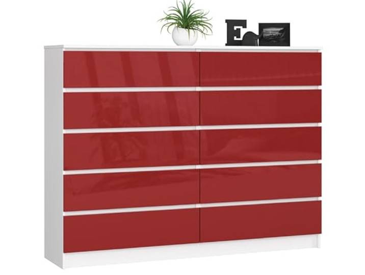 BDW - Kommode mit 10 Schubladen, Komodenschrank K160, Sideboard, Wohnzimmer Schlafzimmer Flur Möbel, Büroschrank, Robustes Material und modernes Design - 160x40x121cm, Weiß/Rot Hochglanz