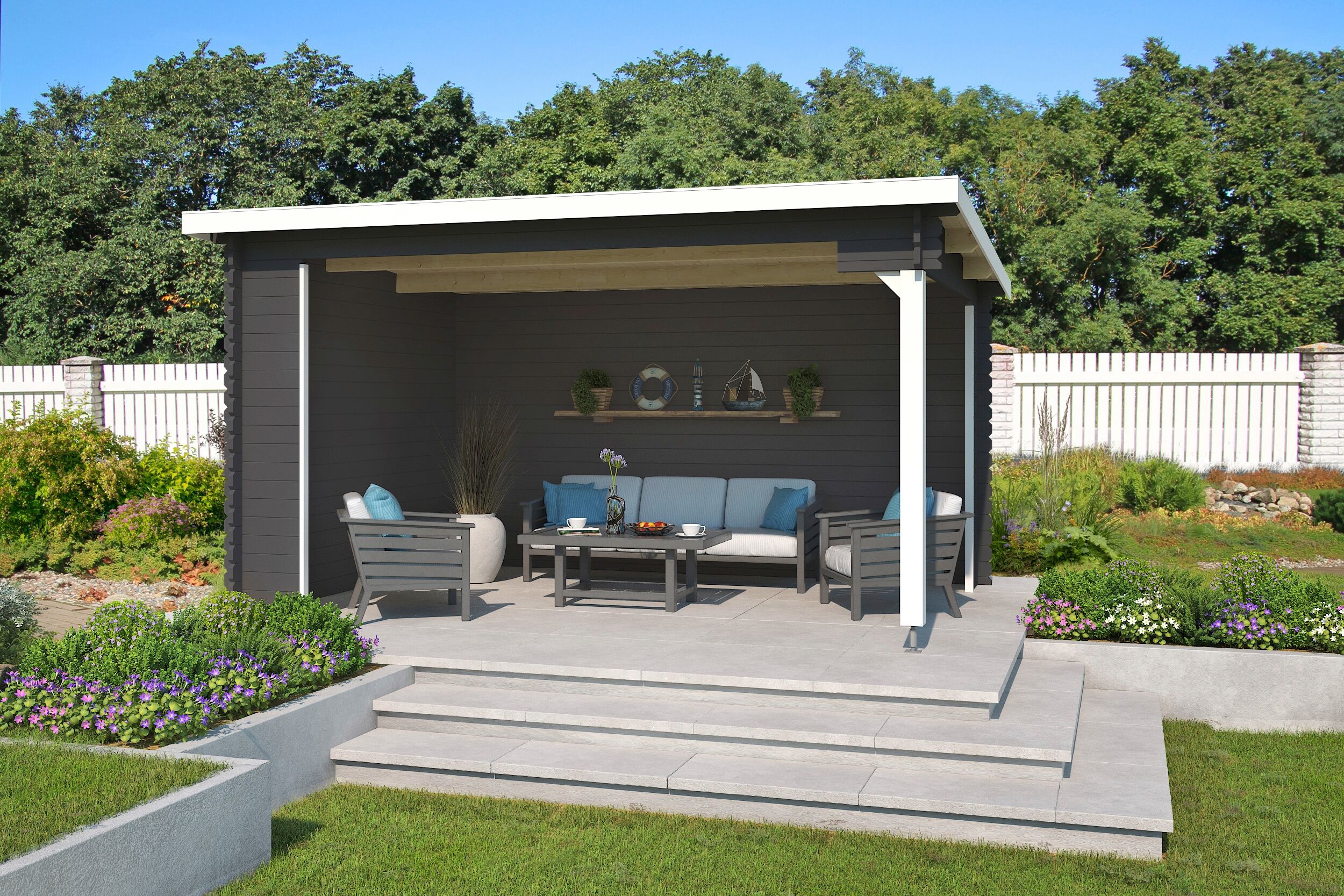 Gartenhaus LASITA MAJA "Unterstand Columbus", grau (carbongrau), ohne Dacheindeckung, Massivholz, Gartenhäuser, Gartenhaus, Unterstand / Lounge 34mm