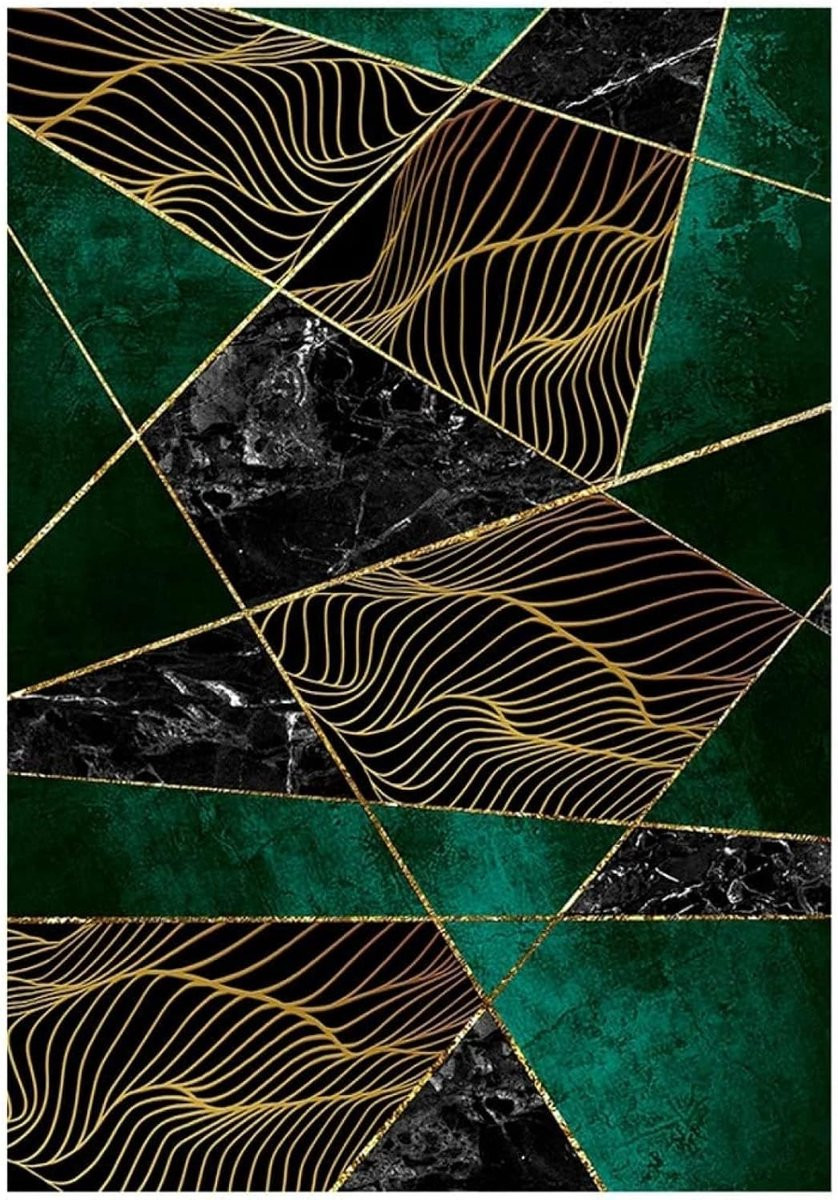 Wasbaar Laagpolig Vloerkleed Zwart Groen Marmer Abstract Patroon Antislip