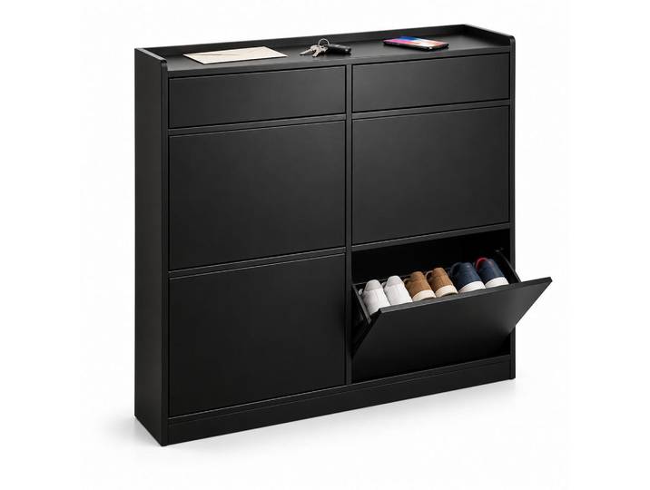 Relaxdays Schuhkipper Schwarz MDF 4 Kippfächer, Holzwerkstoff, 98x95x19 cm, Garderobe, Schuhaufbewahrung, Schuhkipper