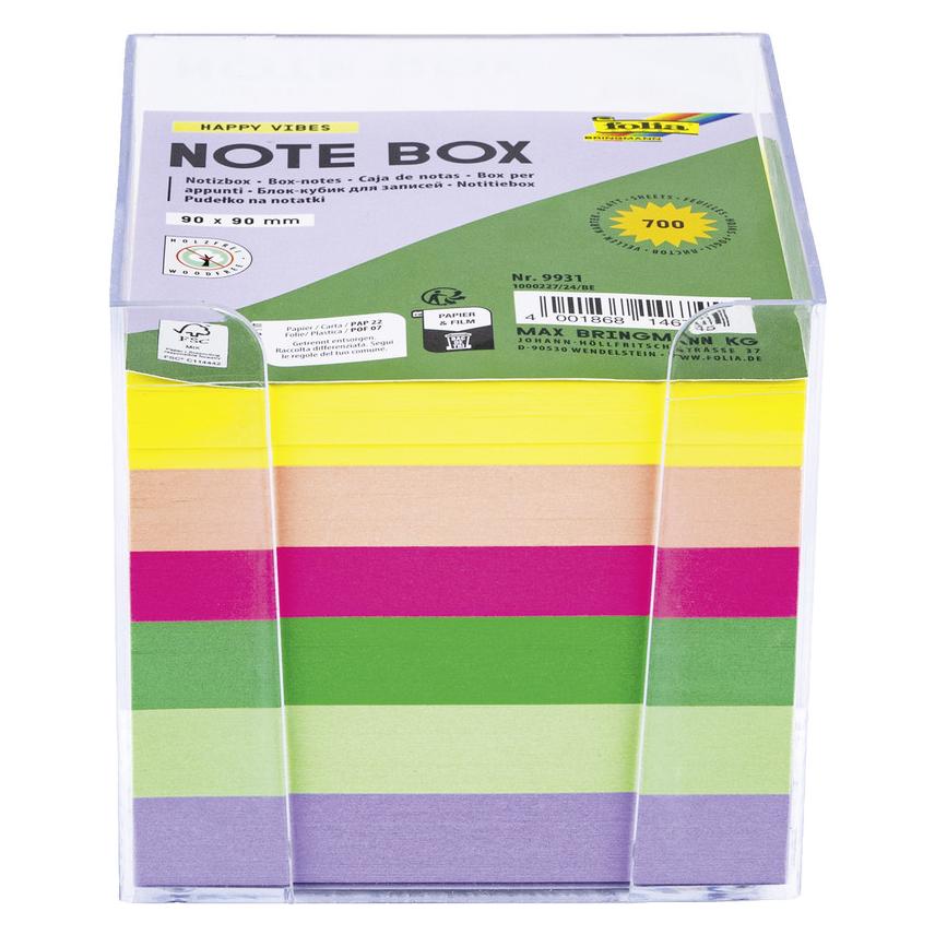 Folia Zettelbox HAPPY VIBES transparent inkl. 700 Notizzettel bunt (90 x 90 mm) (9931)
