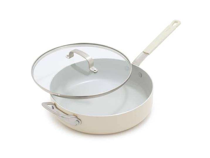 GreenPan x Bobby Flay Sautepfanne mit Glasdeckel, antihaftbeschichtet, PFAS-frei, Diamantkeramik, induktionsgeeignet, kühlbleibender Silikongriff, leicht zu reinigen, spülmaschinen- und ofenfest