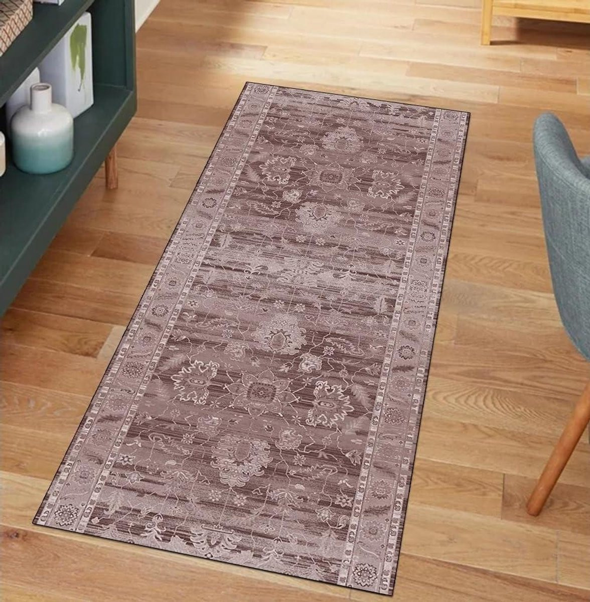 Bruine Keukentapijt en Gangloper met Dubbele Antislip Mat - 80 x 550 cm