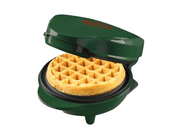 Bestron Mini-wafelijzer, wafelijzer in Christmas-Edition, Limited Edition, Wafelijzer met antiaanbaklaag, voor Kerstmis, feestjes of als cadeau, wafelgrootte 10 cm, kleur: mat groen
