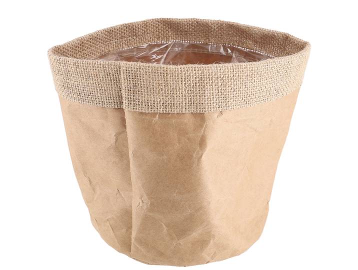Pflanzsack aus Papier mit Wolle verstärkt, Übertopf mit Innenfolie, natur, 16 x 17 cm