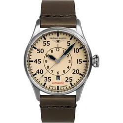 Bauhaus Herrenuhr Aviation Automatik 27565 - Beiges,nachts leuchtendes Ziffernblatt mit schwarzen Zahlen/Indices,khaki,schwarze Naht - 42mm