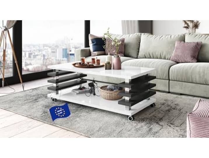 Carl Svensson Couchtisch DC-3 Weiß Hochglanz / Anthrazit matt 120x60cm mit Ablage modern stabil vielseitig Wohnzimmertisch Beistelltisch Sofatisch Zeitloses platzsparend robust Wohnzimmer mit Rollen
