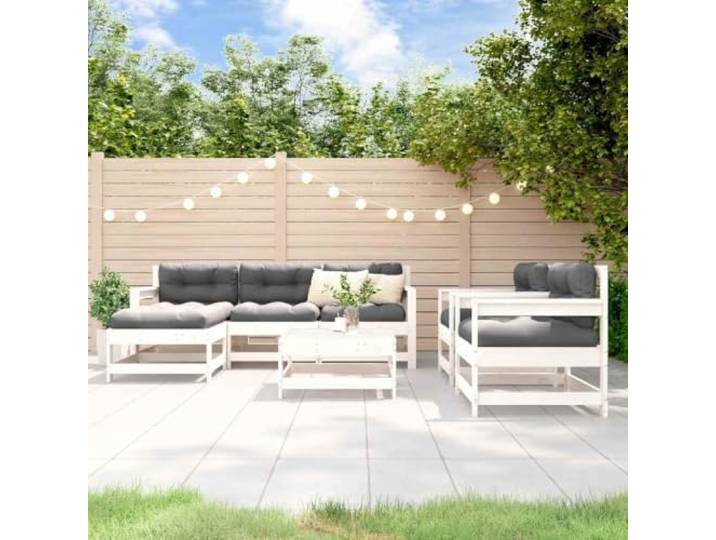 WDGJJFECNMUEHI Lattes en pin massif Jardin terrasse Modulable Blanc Salon de jardin 7 pieces Blanc Bois de pin massif Exterieur Modulable Canape Fauteuil Table Basse Ensemble Terrasse Patio