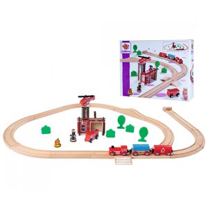 Eichhorn 100006205 Bahn, Set Feuerwehr, aus Holz, mit Lok und Hubschrauber, 33 Teile