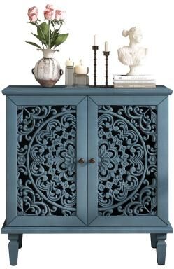 Lesly Vintage 2-Door Hollow-Carved Accent Storage Cabinet