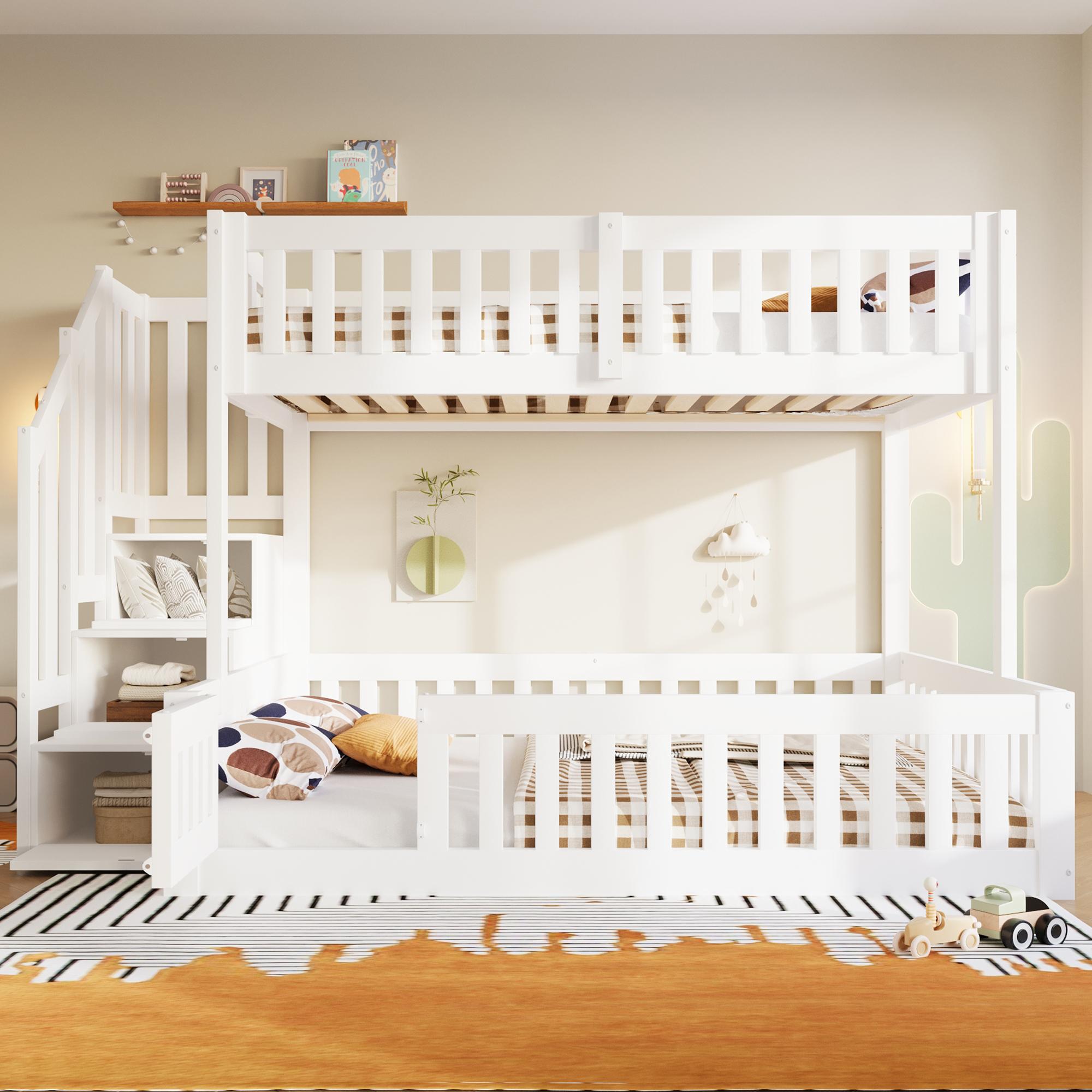 MODFU Etagenbett Kinderbett 90 x 200/140 x 200 cm, Hochbett Bettgestell aus Massivholz, Jugendbett mit Stauraum und niedriges Design 130 cm,ohne Matratze,Weiß