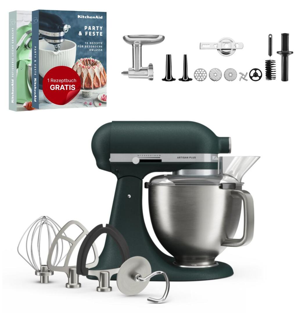 KitchenAid 4,7 L 5KSM50 Artisan Plus Küchenmaschine Meatlover mit Metallfleischwolf inkl. Spritzgebäckvorsatz Pebbled Palm