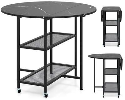 Costway Folding Round Dining Table with Lockable Wheels-Black