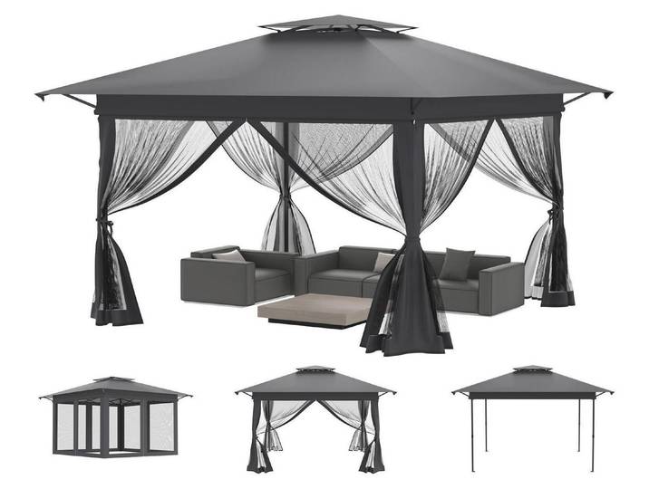 Faltpavillon 4x4m Anthrazit UV-Schutz Mückenschutz Doppeldach Höhenverstellbar