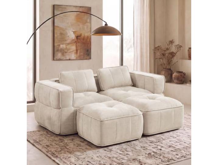 SoarTalent 2-Sitzer-Sofa, Boneless Couch, U-Form, 198cm, Beige Samt-Optik, abriebfest & pflegeleicht. Rahmenloses Design mit 48 cm Sitztiefe. Sofa für Wohn- & Schlafzimmer