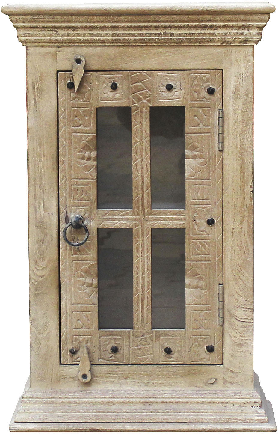 Hängeschrank SIT "Arequipa aus Mangoholz mit Schnitzereien & Einlegeboden", beige (natur, antikgrau), B:44cm H:70cm T:20cm, Glas, Massivholz, Schränke, Hängeschrank, Geschnitzte Front & massives Mangoholz