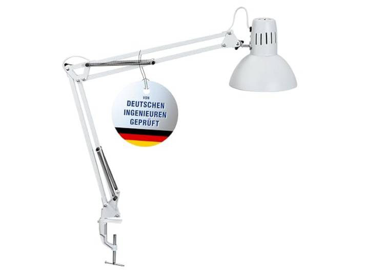 MAUL Klemmlampe weiß E27 MAULstudy verstellbarer Doppelarm aus Metall flexibel ausrichtbar, spart Platz an der Tischkante, freie Wahl des E27 Leuchtmittels, stabiler Metallkörper