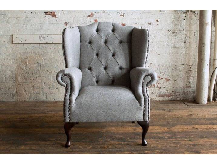JVmoebel Ohrensessel Chesterfield Sessel Grau Stoffpolsterung, Made in Europa