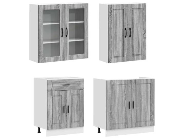 KTHLBRH Unita Küche PORTO 4 Stück Sonoma Grau Holz Engineered Verstellbare Füße, Unterschrank mit Schublade, Wandschrank mit Glas, pflegeleicht