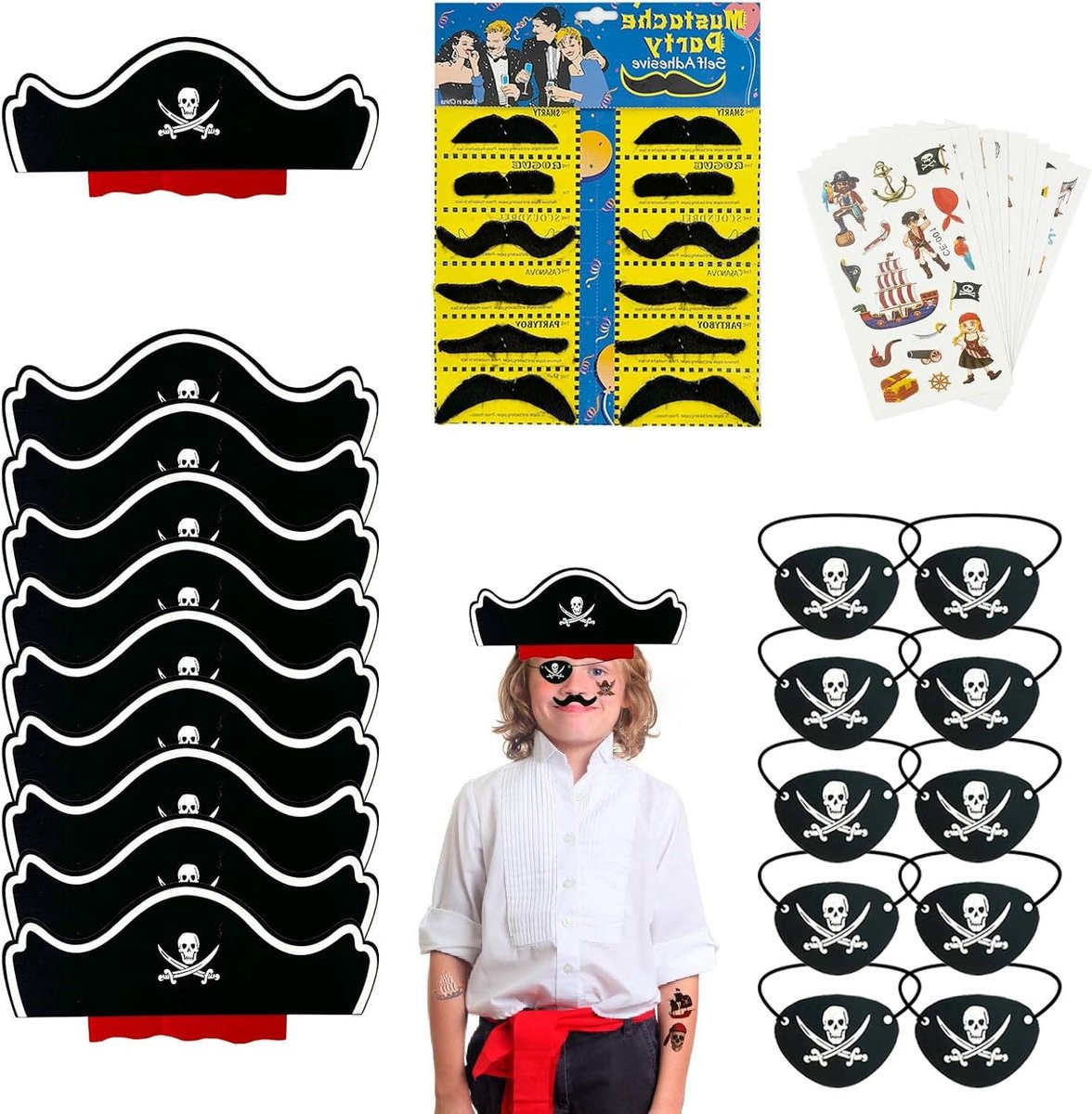 Allecto Plus Piraten kinderverjaardagsset met piratenhoed en decoratie accessoires, 10 stuks