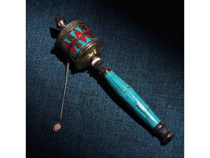 8 pouces, Collection chinoise, Ancienne roue de prière tibétaine en argent avec mosaïque de turquoise et six mantras, amulette de protection pour la maison, à base de textes anciens.