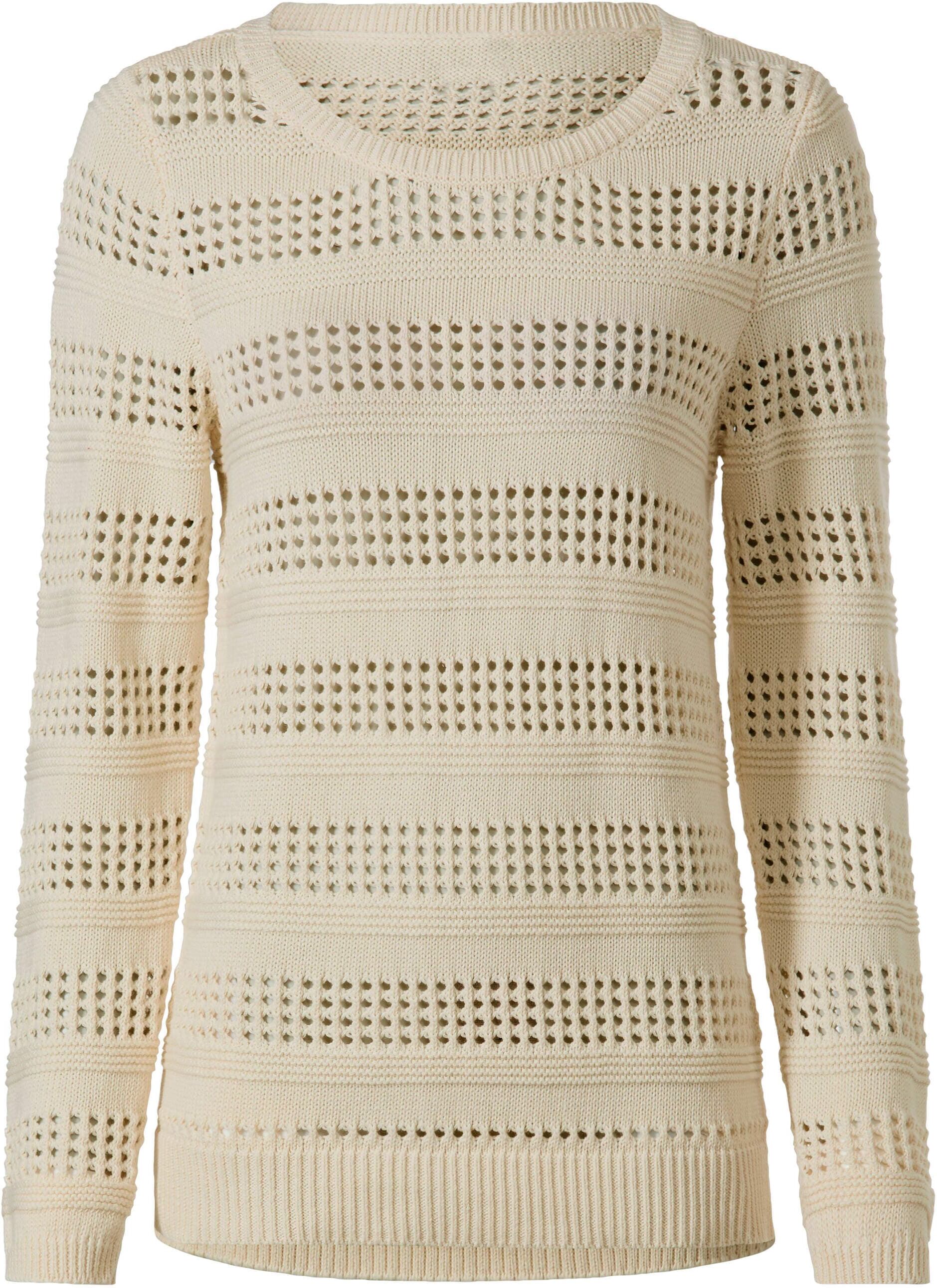 Strickpullover HEINE "Pullover Ajourpullover mit Rippenbündchen", Damen, Gr. 46, champagner, Strick, , Sportlich, Rundhals, Pullover Strickpullover
