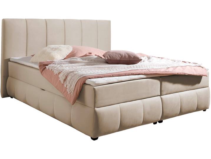 Boxbett, Beige, 172x230 cm, Samt-Velours, Inkl. Bettkasten & Topper, Modern, Inosign