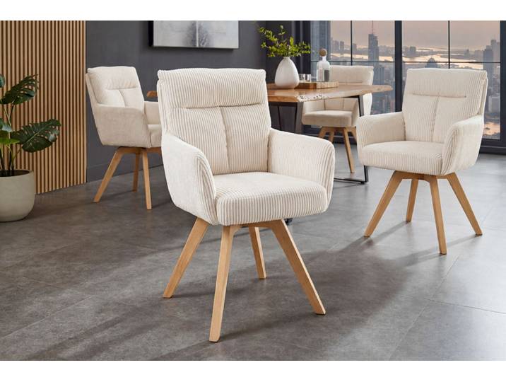 Drehbarer Retro Stuhl BIG GEORGE beige Cord Buchenholz Taschenfederkern mit Armlehnen Polsterstuhl Esszimmerstuhl Küchenstuhl