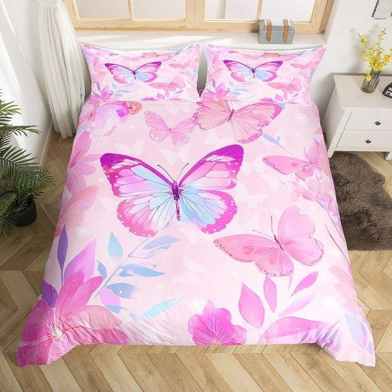 Benza Ibenzoa Rosa vlinder-beddengoedset met bloemenmotief, 100% gewassen polyester microvezel, 135 x 200 cm