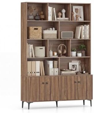 Costway Bookshelf with 4 Doors and 2 Anti-Tipping Kits for Home Office-Walnut