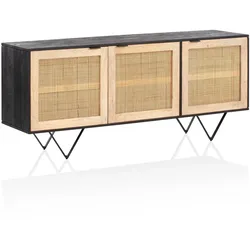 WOHNLING Sideboard 175x75x45 cm Mango Massivholz / Rattan, mit 3 Türen