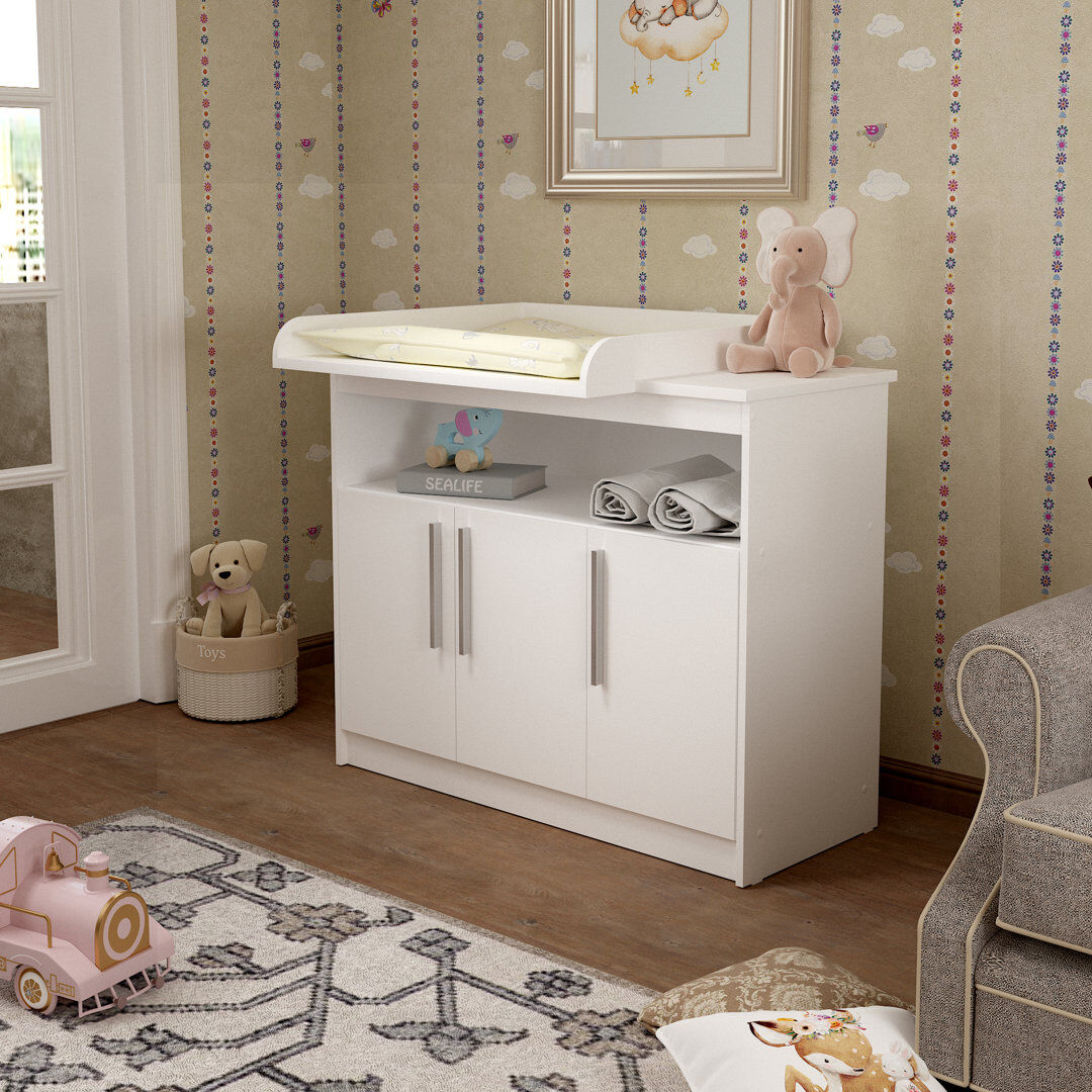 Isabelle & Max 110cm Wide Baby Changing Table with Removable Top, Open Shelf and 3-Door Cupboard White 98cm H X 110cm W X 75cm D