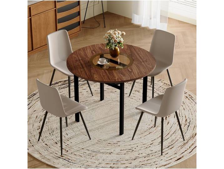 Ensemble Table Ronde 4 Chaises Marron Set Repas Moderne FloraGrace Pour Salle À Manger Avec Étagère En Verre 100x100cm