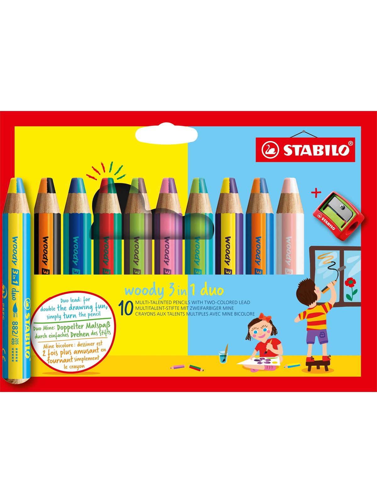 STABILO woody 3 in 1 Duo - Multitalent Coloured Pencil - Set 10 pcs. + Pencil Sharpener