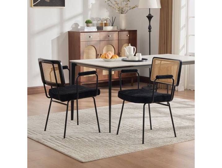 CollaHausse Lot de 2 Chaises Salle à Manger Chenille Accoudoirs Rotin Noir