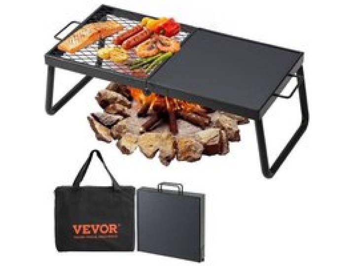 VEVOR Grille Pliante 57x28,5x23 cm Gril de Feu de Camp Portable en Acier Grille de Cuisson Pliable Demi-Grille Demi-Plaque avec Sac de Transport pour Foyer BBQ Pique-Nique Jardin Balcon Voyage Camping