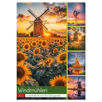 Windmühlen - Zauberhaft mit einer KI in Szene gesetzt (Wandkalender 2027 DIN A2 hoch), CALVENDO Monatskalender