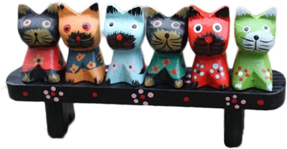 Set van 7 handgemaakte zwarte kitten beeldjes van hars voor huisdecoratie