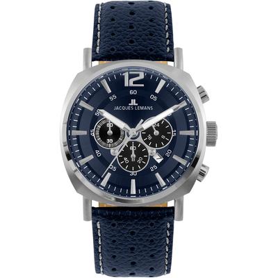 Chronograph JACQUES LEMANS "Lugano", blau (dunkelblau, dunkelblau, dunkelblau), Armbanduhren, Herren, silberfarben, Chronograph, Quarzuhr, Armbanduhr, Herrenuhr, Datum, Stoppfunktion, Lederarmband