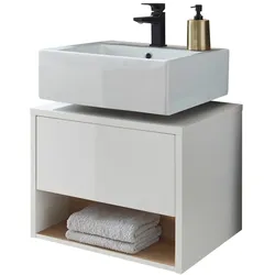 WASCHBECKENUNTERSCHRANK weiß Hochglanz, Eiche 60 cm, Bad Unterschrank mit Push-to-Open
