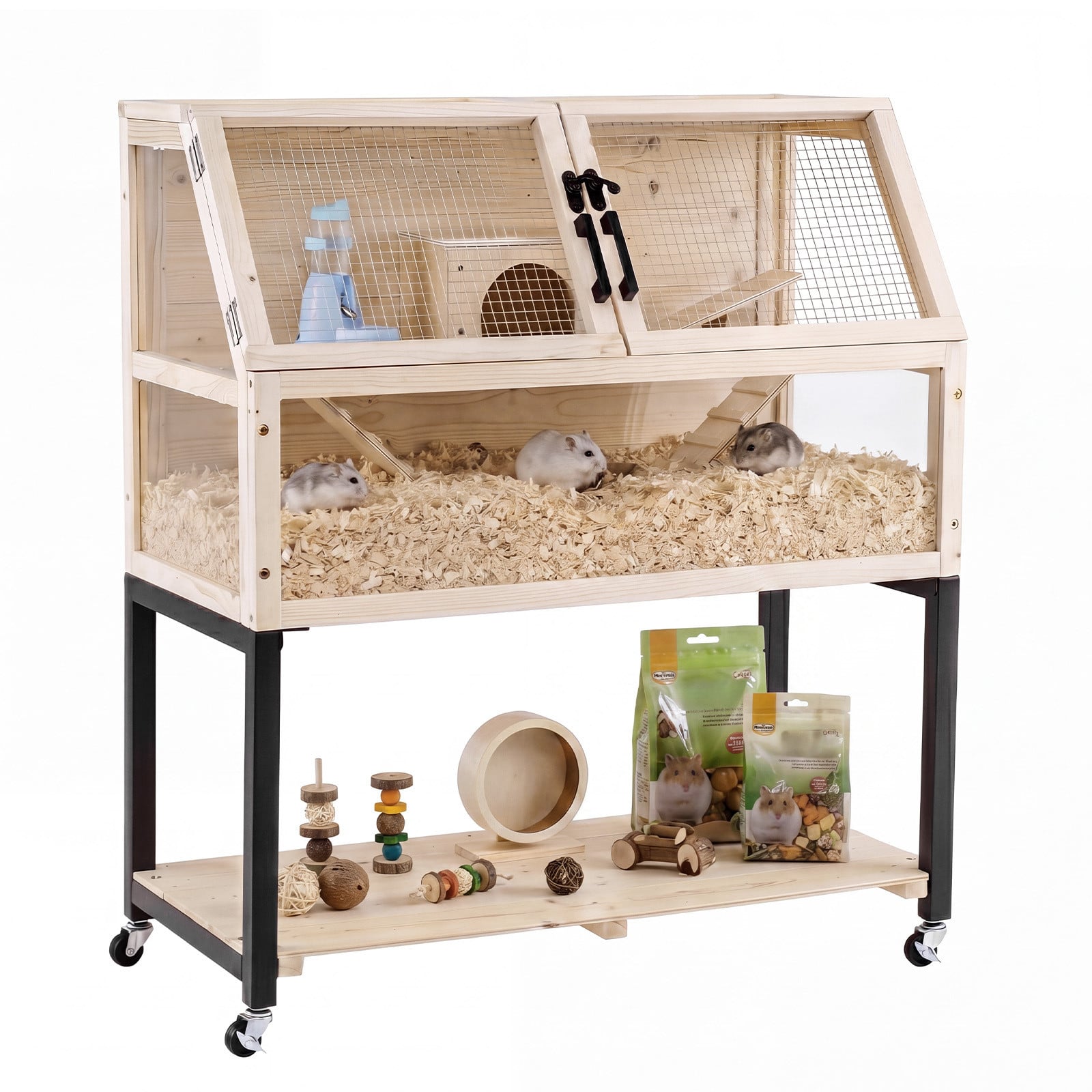 Costway Houten Hamsterkooi met Wielen en 2 Verdiepingen