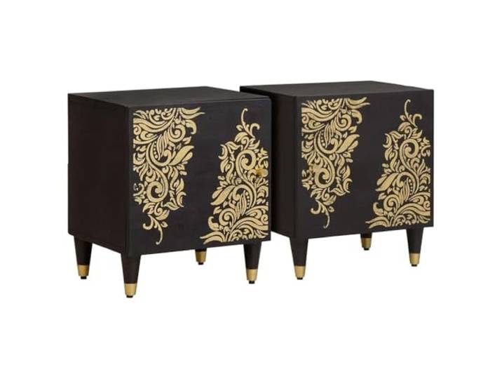 Tmriohed Nachttisch 2er Set Massivholz Mango Schwarz 40x33x46 cm mit Tür Elegantes 2er Set Beistelltische aus edlem Holz im modernen Schlafzimmer. Bietet praktischen Stauraum mit Schranktür.