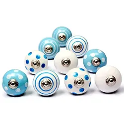 KERAMIKKNÖPFEN Set mit 10 in Weiß und Blau 40 mm Durchmesser.