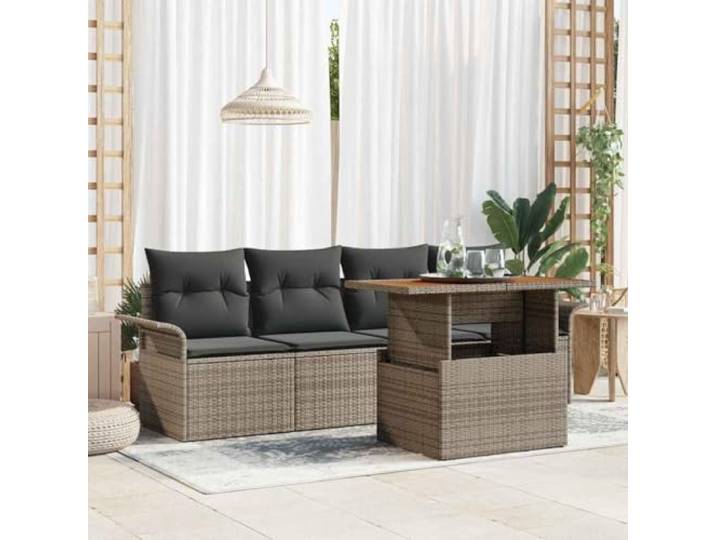 Geflochtenes Poly Rattan Esszimmer Set Garten Terrasse Modern Grau 100 cm 5 Garten-Sofa-Set mit Speicher 5 pcs Grau Poly Rattan Sitzgruppe Modulare Lounge Terrassen Moebel mit Auflagen und Stauraum