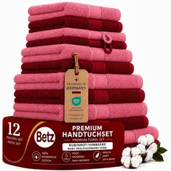 Betz 12-tlg. Handtuch-Set PREMIUM 100% Baumwolle 2 Duschtücher 4 Handtücher 2 Gästetücher 2 Seiftücher 2 Waschhandschuhe rubinrot/himbeere
