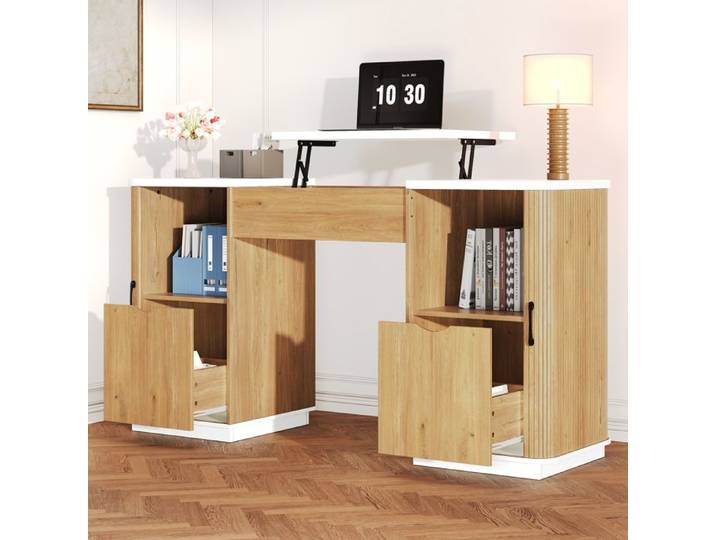 Bureau réglable 140x50x78 cm - Bureau avec 2 tiroirs - grand rangement - PC et étude - blanc et chêne