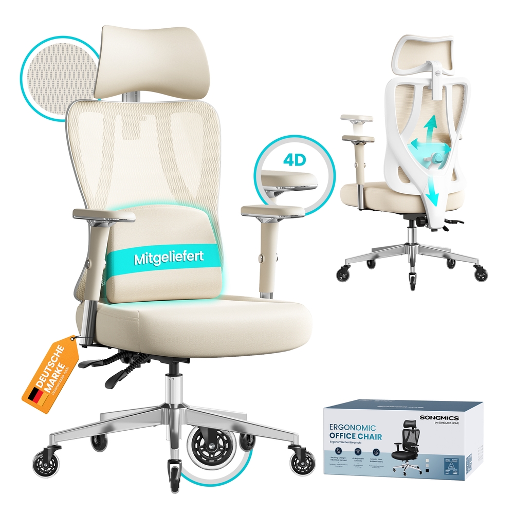 SONGMICS Ergonomischer Bürostuhl mit verstellbarer Unterstützung kamelbraun- wolkenweiß OBN067LJ01