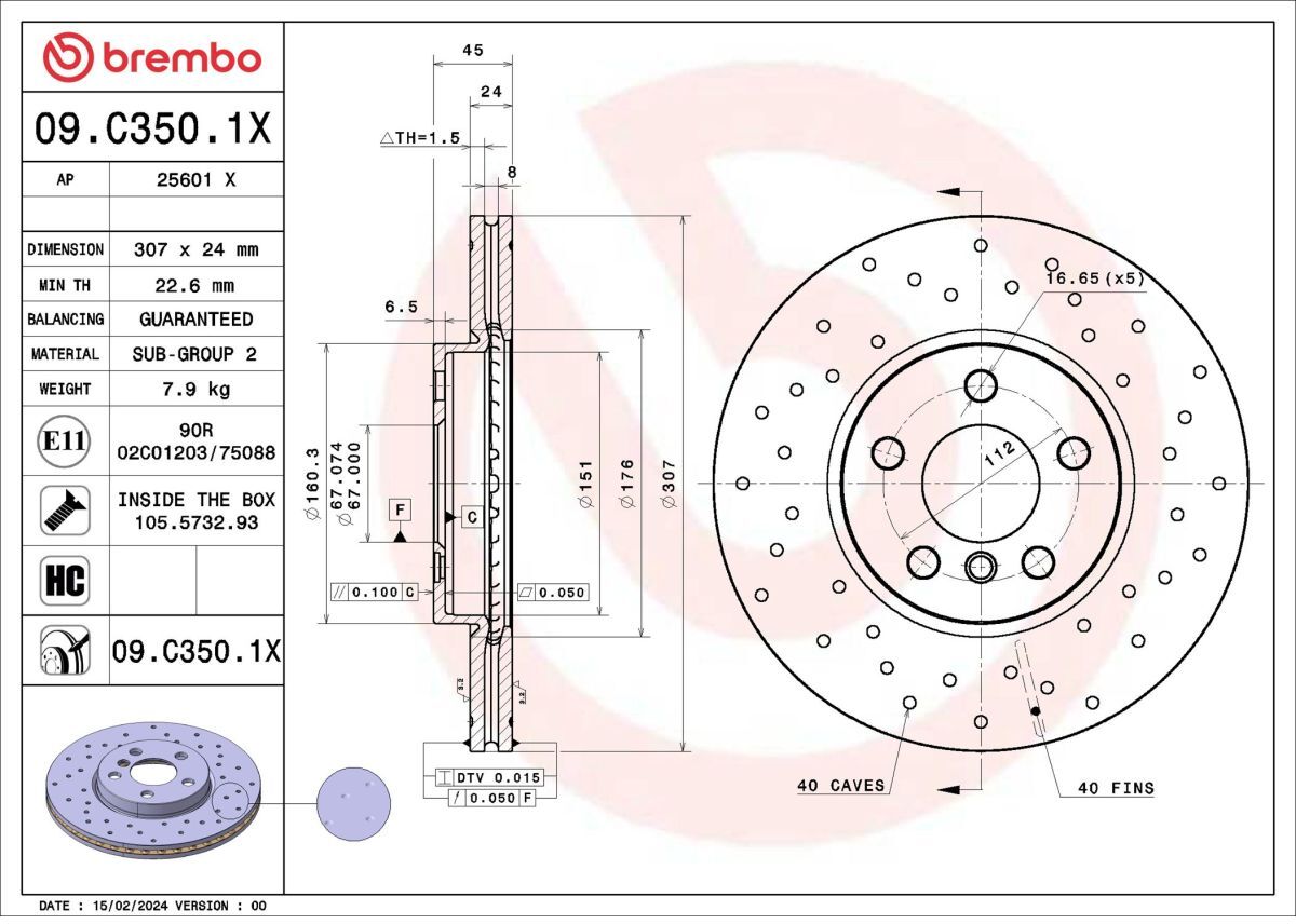 Bremsscheibe BREMBO 09.C350.1X, 1 Stück